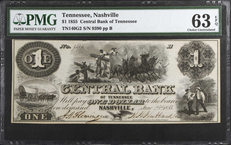 Nashville, Tennessee. Central Bank of Tennessee. 1855 $1. PMG Choice Uncirculate...