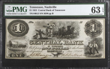 Nashville, Tennessee. Central Bank of Tennessee. 1855 $1. PMG Choice Uncirculated 63 EPQ.
No. 9390, Plate B.
 Estimate: $150.00- $250.00