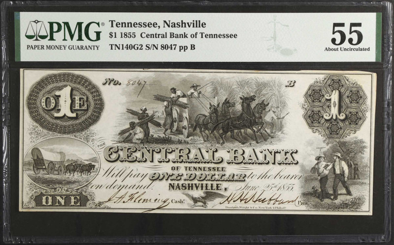 Nashville, Tennessee. Central Bank of Tennessee. 1855 $1. PMG About Uncirculated...