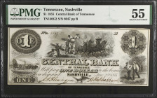 Nashville, Tennessee. Central Bank of Tennessee. 1855 $1. PMG About Uncirculated 55.
(TN140G2). No. 8047, Plate B.
 Estimate: $150.00- $250.00