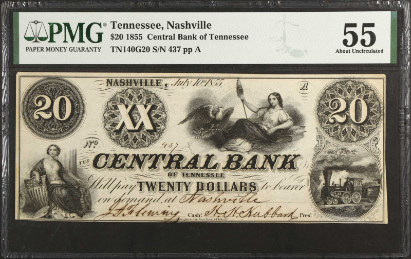 Nashville, Tennessee. Central Bank of Tennessee. 1855 $20. PMG About Uncirculate...