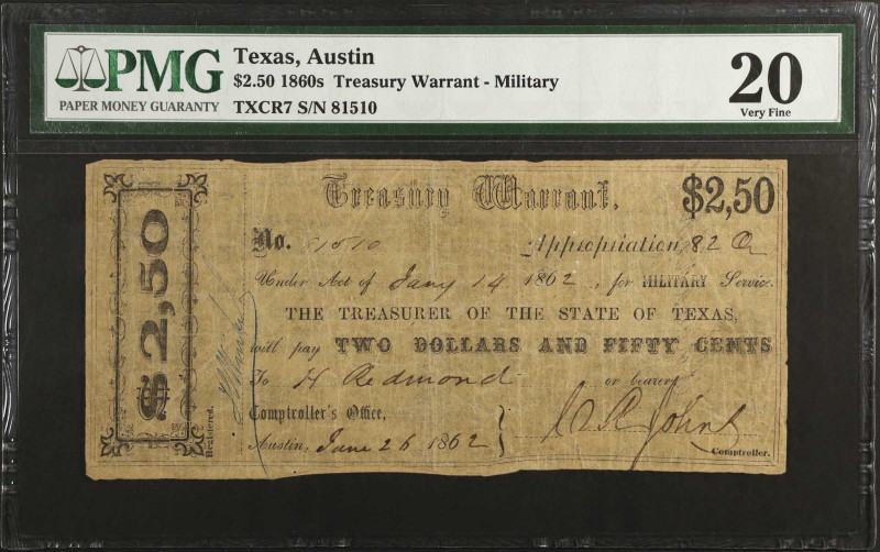 Lot of (2). Austin, Texas. Treasury Warrants. 1860's $2.50 & $10. Fine & PMG Ver...