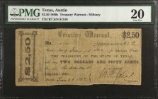 Lot of (2). Austin, Texas. Treasury Warrants. 1860's $2.50 & $10. Fine & PMG Very Fine 20.
A duo of military service treasury warrants.
 Estimate: $...