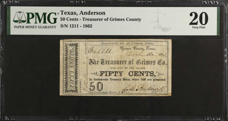 Anderson, Texas. Treasurer of Grimes County. 1862 50 Cents. PMG Very Fine 20.
N...