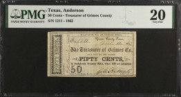 Anderson, Texas. Treasurer of Grimes County. 1862 50 Cents. PMG Very Fine 20.
No. 1211. An elusive fractional denomination from this Grimes County is...