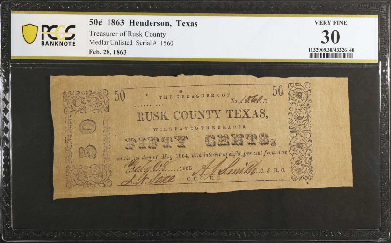 Henderson, Texas. Treasurer of Rusk County. 1863 50 Cents. PCGS Banknote Very Fi...