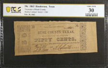 Henderson, Texas. Treasurer of Rusk County. 1863 50 Cents. PCGS Banknote Very Fine 30.
Medlar Unlisted. No. 1560. Ornate designs at left and right en...