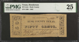Henderson, Texas. Rusk County. 1863 50 Cents. PMG Very Fine 25.
No. 1280. Ornate designs at left and right ends. Scarce.
 Estimate: $250.00- $350.00