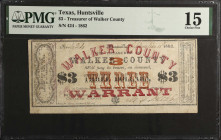 Huntsville, Texas. Treasurer of Walker County. 1862 $3. PMG Choice Fine 15.
No. 424. Walker County Warrant. Imprint of Texas Pr. House, Houston E W C...