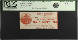 Barre, Vermont. Leonard Keith, Payable at Bank of Montpelier. 1862 25 Cents. PCGS Currency Choice About New 55.
No. 1143. This note once presided in ...