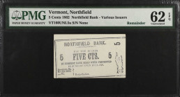 Lot of (4). Northfield, Vermont. Northfield Bank. 1860s 5, 10 & 25 Cents. About Uncirculated to PMG Choice Uncirculated 64 EPQ. Remainders.
A quartet...