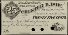 Strafford, Vermont. Chester B. Dow. 1862 25 Cents. About Uncirculated. Remainder.
Dual punch cancellations. Mounting remnants.
 Estimate: $80.00- $1...