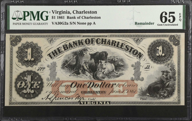 Charleston, Virginia. Bank of Charleston. 1861 $1. PMG Gem Uncirculated 65 EPQ. ...