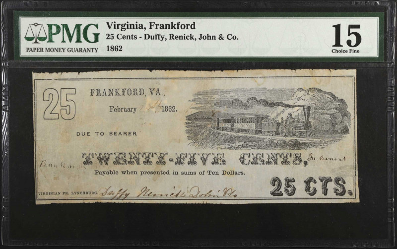 Frankford, Virginia. Duffy, Renick, John & Co. 1862 25 Cents. PMG Choice Fine 15...