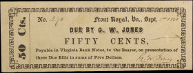Front Royal, Virginia. G.W. Jones. 1861 50 Cents. Fine.
Edge wear. Ink. Pinholes. Stain. Ink stamp on back.
 Estimate: $80.00- $120.00