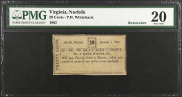 Norfolk, Virginia. P.H. Whitehurst. 1862 20 Cents. PMG Very Fine 20. Remainder.
Remainder.
 Estimate: $80.00- $120.00