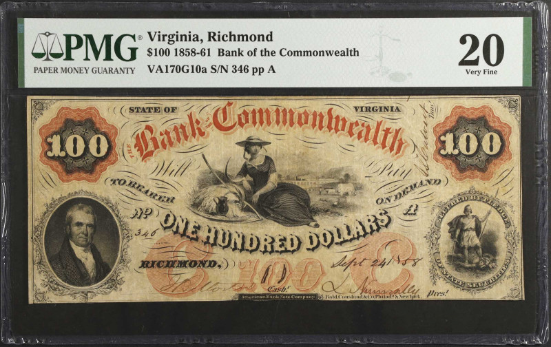 Richmond, Virginia. Bank of the Commonwealth. 1858-61 $100. PMG Very Fine 20.
(...