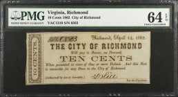 Lot of (4). Richmond, Virginia. City of Richmond. 1862 10, 25, 50 & 60 Cents. PCGS Currency Choice About New 58 PPQ to PMG Choice Uncirculated 64 EPQ....
