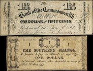 Lot of (2). Richmond, Virginia. Southern Change & Bank of the Commonwealth. 1862 $1 & $1.50. Fine.
The Southern Change note has repairs, tape, tears,...