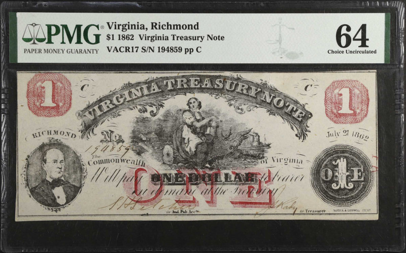 Richmond, Virginia. Virginia Treasury Note. 1862 $1. PMG Choice Uncirculated 64....
