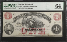 Richmond, Virginia. Virginia Treasury Note. 1862 $1. PMG Choice Uncirculated 64.
(VACR17). No. 194859, Plate C.
 Estimate: $100.00- $150.00