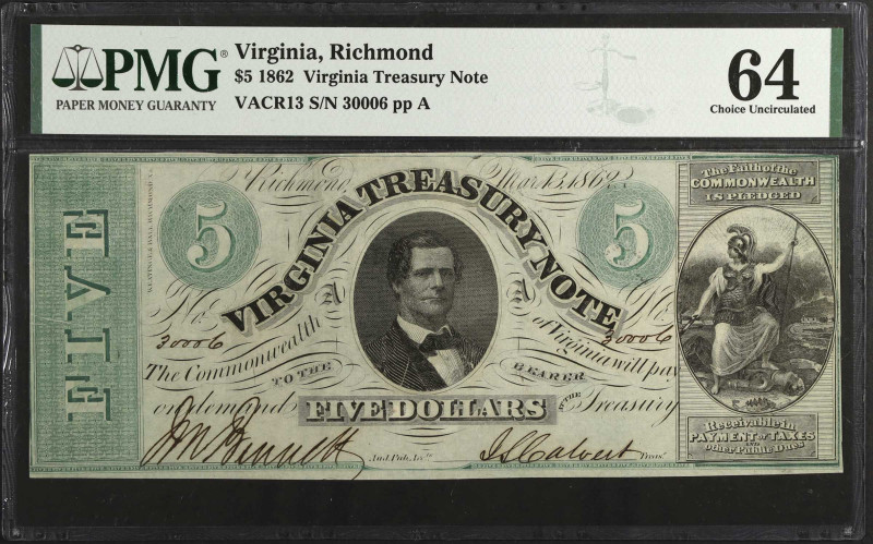 Richmond, Virginia. Virginia Treasury Note. 1862 $5. PMG Choice Uncirculated 64....