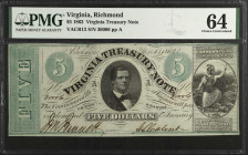 Richmond, Virginia. Virginia Treasury Note. 1862 $5. PMG Choice Uncirculated 64.
(VACR13). No. 30006, Plate A. PMG comments "Pinhole."
 Estimate: $1...