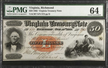 Richmond, Virginia. Virginia Treasury Note. 1862 $50. PMG Choice Uncirculated 64.
(VACR7). No. 272, Plate D. PMG comments "Pinholes."
 Estimate: $10...