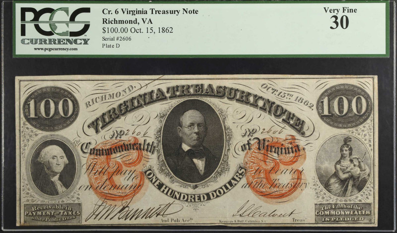Richmond, Virginia. Virginia Treasury Note. 1862 $100. PCGS Currency Very Fine 3...