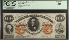 Richmond, Virginia. Virginia Treasury Note. 1862 $100. PCGS Currency Very Fine 30.
No. 2606, Plate D.
 Estimate: $150.00- $250.00