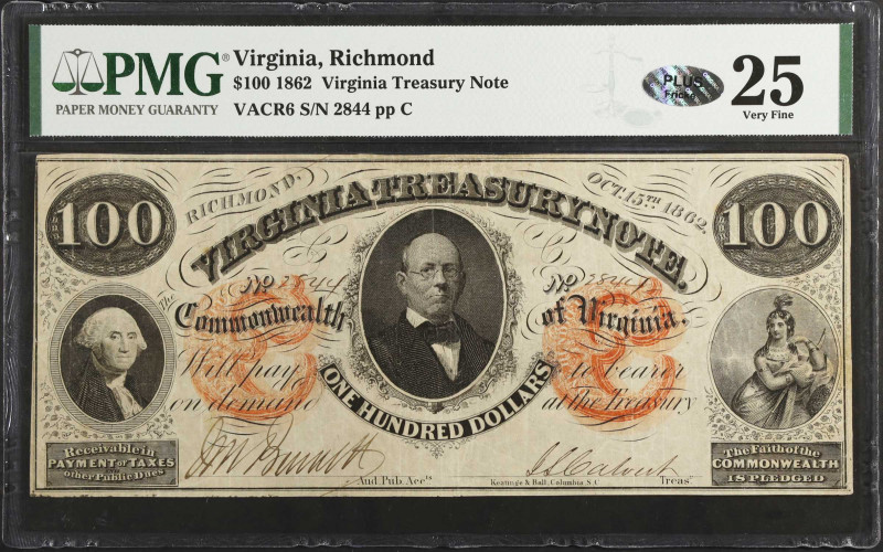 Richmond, Virginia. Virginia Treasury Note. 1862 $100. PMG Very Fine 25.
(VACR6...