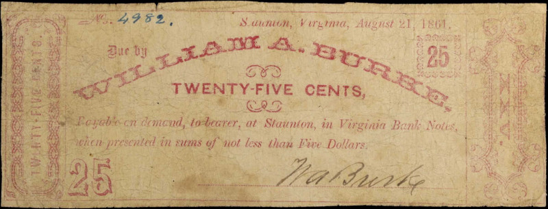 Staunton, Virginia. William A. Burke. 1861 25 Cents. Fine.
Staining. Pinholes. ...