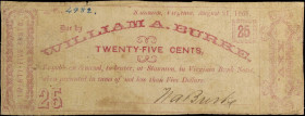 Staunton, Virginia. William A. Burke. 1861 25 Cents. Fine.
Staining. Pinholes. Tears.
 Estimate: $80.00- $120.00
