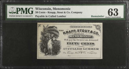 Menomonie, Wisconsin. Knapp, Stout & Co. ND 50 Cents. PMG Choice Uncirculated 63. Remainder.
Payable in culled lumber. PMG comments "Minor Stains."
...