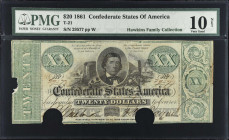 T-21. Confederate Currency. 1861 $20. PMG Very Good 10 Net. Punch Cancelled, Pieces Missing.
No. 29577, Plate W. PMG comments "Punch Cancelled, Piece...