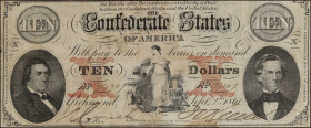 T-26. Confederate Currency. 1861 $10. Fine.
Pinholes. Staining. Annotations.
 Estimate: $80.00- $120.00
