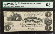 T-28. Confederate Currency. 1861 $10. PMG Choice Uncirculated 63.
No. 109624, Plate A11. Printed by J.T. Paterson, Columbia, SC.
 Estimate: $500.00-...