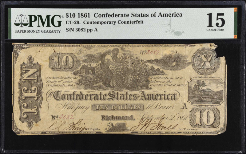 CT-29. Confederate Currency. 1861 $10. PMG Choice Fine 15. Contemporary Counterf...