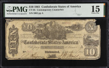 CT-29. Confederate Currency. 1861 $10. PMG Choice Fine 15. Contemporary Counterfeit.
No. 3082, Plate A. PMG comments "Corner Damage".
 Estimate: $10...