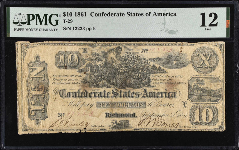 T-29. Confederate Currency. 1861 $10. PMG Fine 12.
No. 12223, Plate E. Very goo...