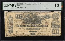 T-29. Confederate Currency. 1861 $10. PMG Fine 12.
No. 12223, Plate E. Very good margins for the type. PMG comments "Rust".
 Estimate: $150.00- $200...