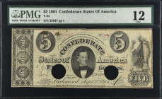 T-34. Confederate Currency. 1861 $5. PMG Fine 12.
No. 25047, Plate I. PMG comments "Punch Hole Cancelled".
 Estimate: $50.00- $100.00