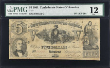 T-37. Confederate Currency. 1861 $5. PMG Fine 12.
No. 28101, Plate G. Printed by Blanton Duncan. Three of the four margins are wide for the type.
 E...