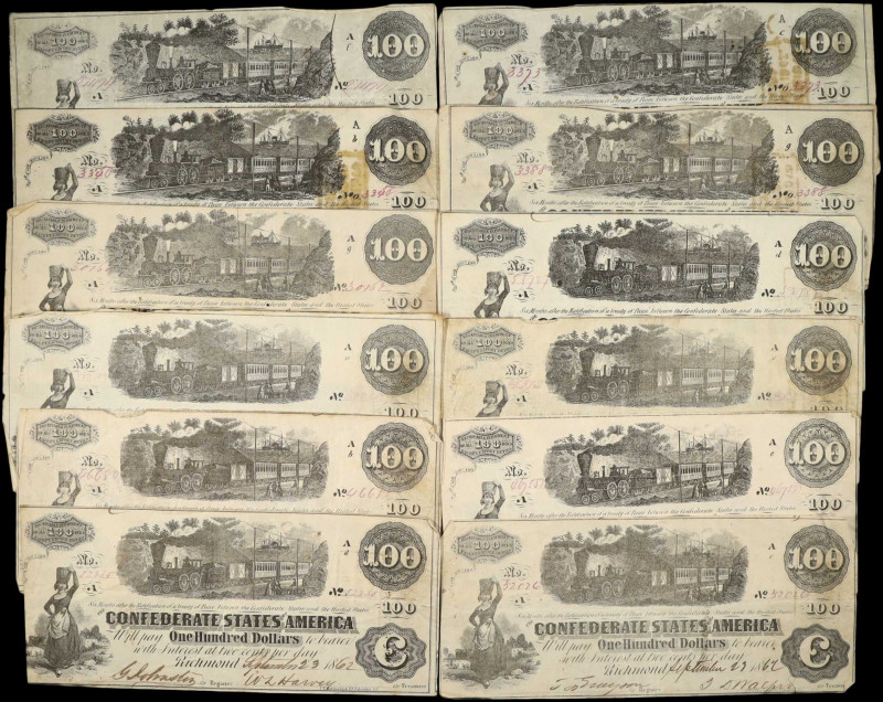 Lot of (12) T-39 & T-40. Confederate Currency. 1862 $100. Fine to Very Fine.
A ...