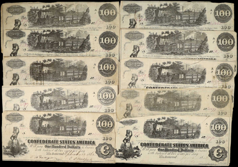 Lot of (10) T-39 & T-40. Confederate Currency. 1862 $100. Fine to Very Fine.
A ...