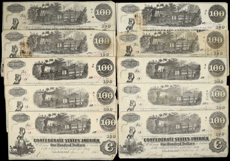Lot of (10) T-39 & T-40. Confederate Currency. 1862 $100. Fine to Very Fine.
A ...