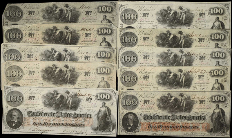 Lot of (10) T-41. Confederate Currency. 1862 $100. Very Fine.
This lot contains...