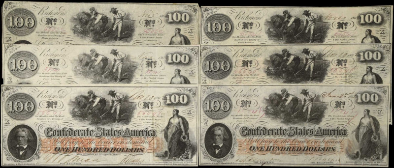 Lot of (6) T-41. Confederate Currency. 1862 $100. Very Fine.
A group of six Ver...