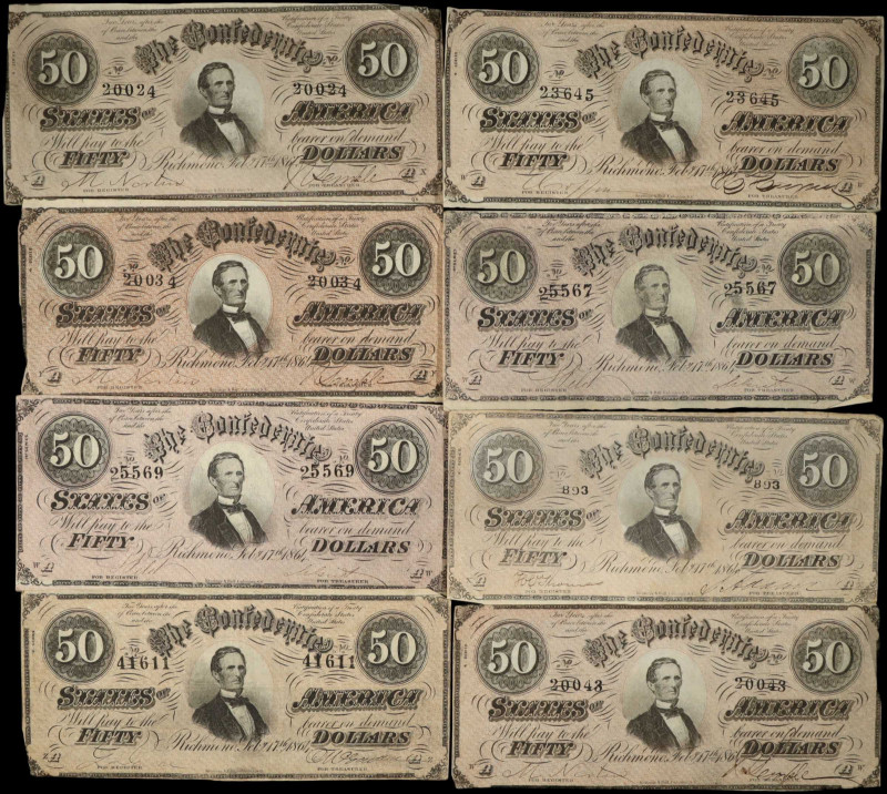 Lot of (8) T-66. Confederate Currency. 1964 $50. Very Fine.
A grouping of eight...