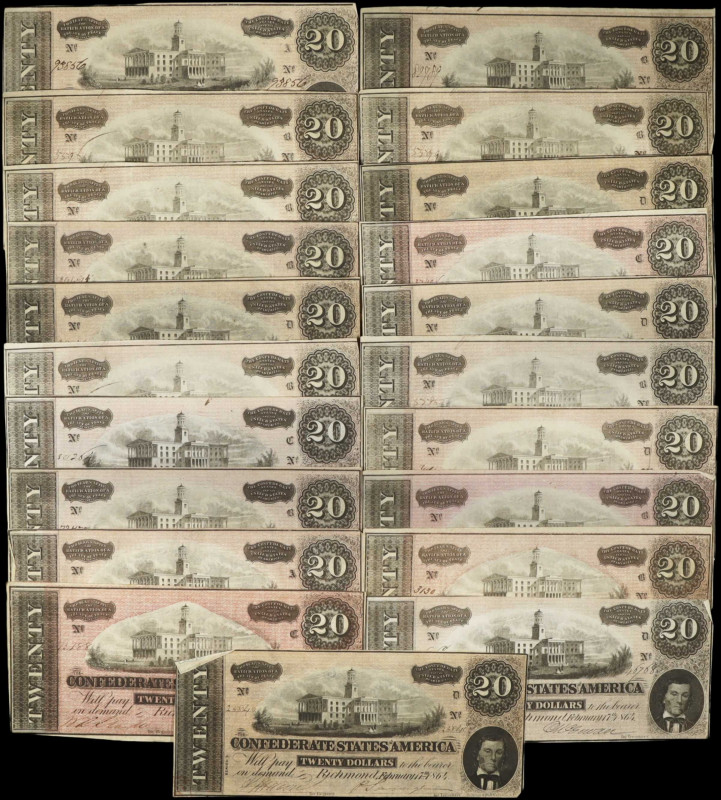 Lot of (21) T-67. Confederate Currency. 1864 $20. Very Fine to Extremely Fine.
...